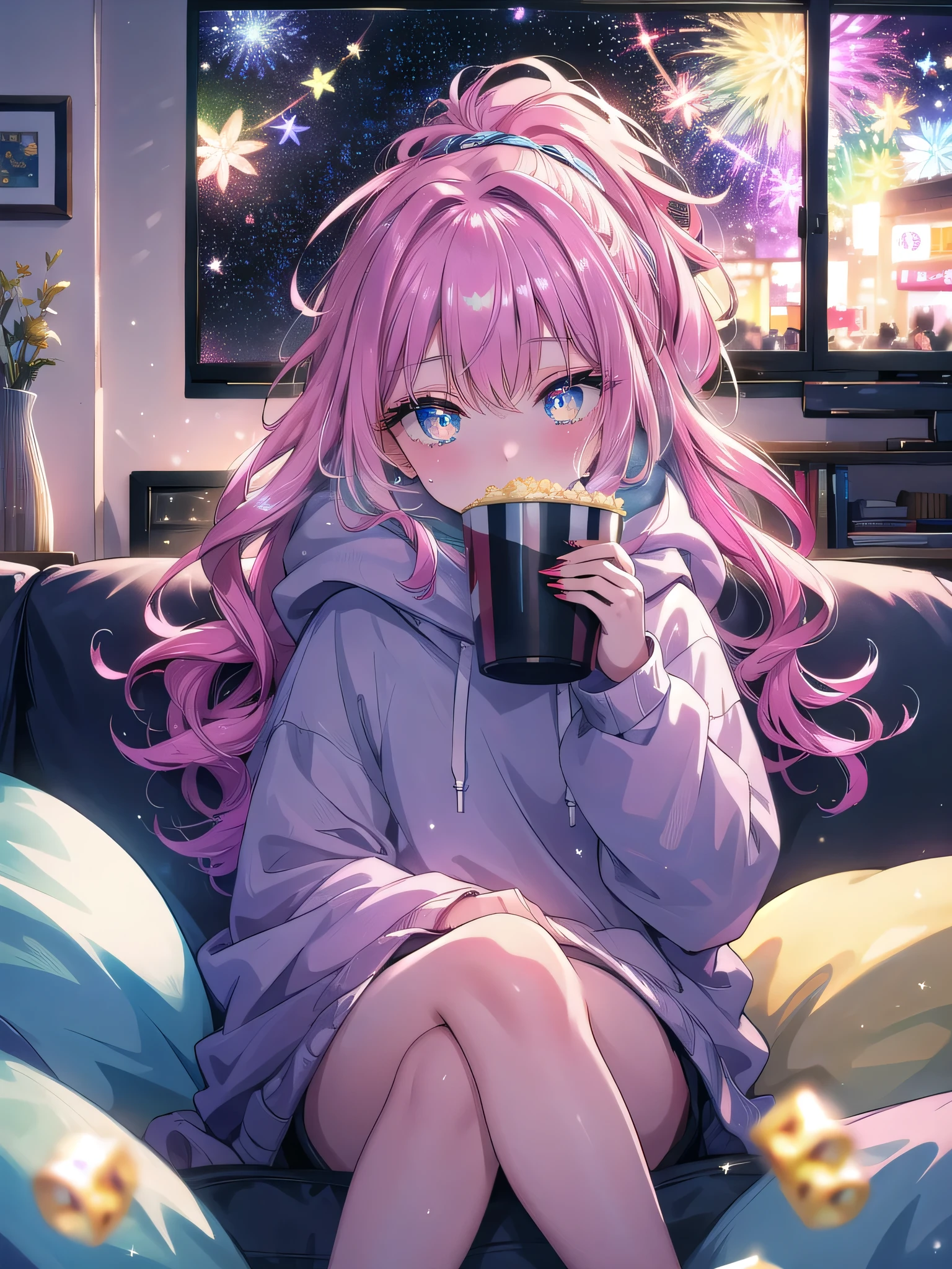 ((8k, Highest quality, masterpiece: 1.3)),Ultra-high resolution,(1 girl, alone), (Color changing eyes, Ultra-detailed, Expressive brilliance, Glitter, Glowing Eyes), Highly detailed eyes, Highly detailed face, Random Hair, ((pastel colour))Late-Night Movie
The woman is curled up on the couch, wrapped in a soft blanket, ready for a movie night. She’s dressed in an oversized hoodie and leggings, her hair loose and slightly messy. She holds a bowl of popcorn in her lap, her eyes locked on the camera with a playful, expectant expression, as if waiting for her boyfriend to join her. The room is dimly lit, with only the glow from the TV screen illuminating the scene, creating a relaxed and intimate atmosphere.