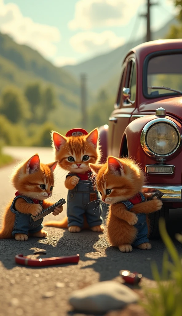 Three red kittens repairing a vehicle on the road wearing car mechanic uniforms and holding tools