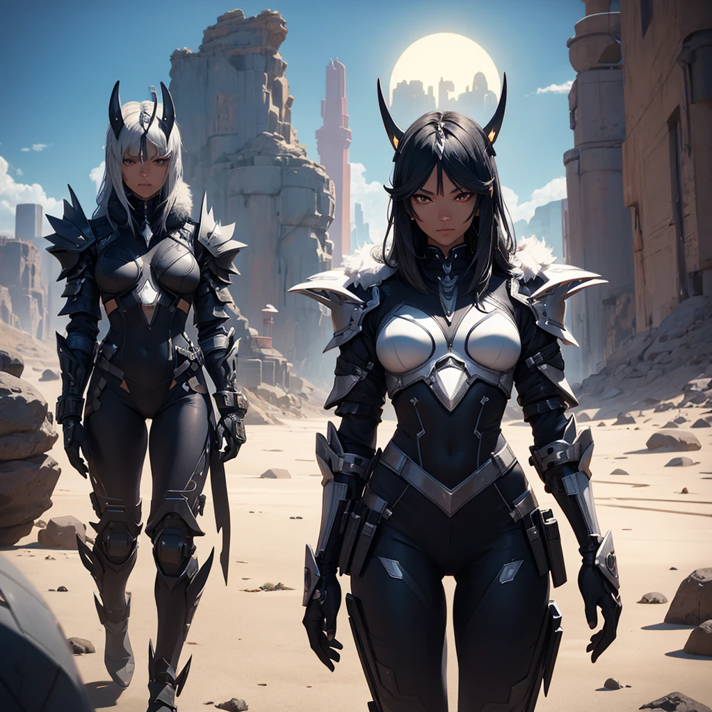 Make character alone. futurist. black futuristic armor. besides having futuristic horns. It should be in a desert setting.