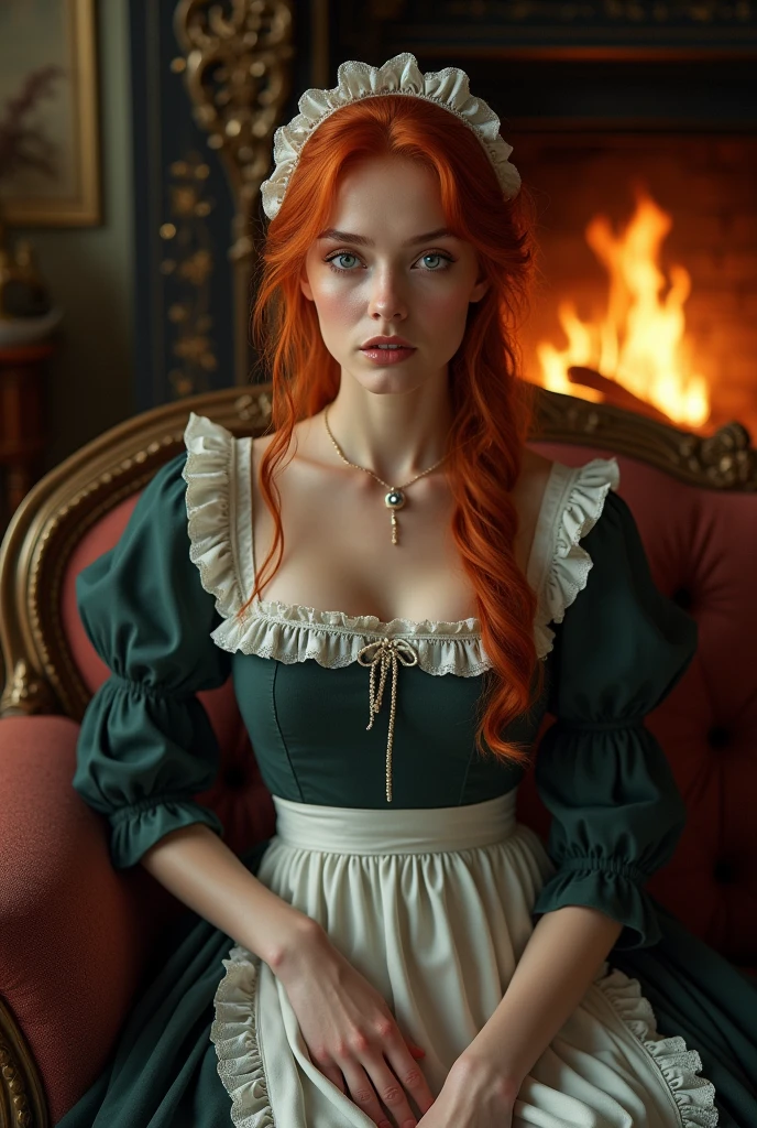 Draw me a woman with red hair 1850 who is a housekeeper, very pretty, looks thin but fit and wears tights with a very beautiful servant's dress, she should have violet eyes and be a real feast for the eyes, full body picture and realistic, she should sit on a sofa in the fireplace room very sexy with her shoes complete body