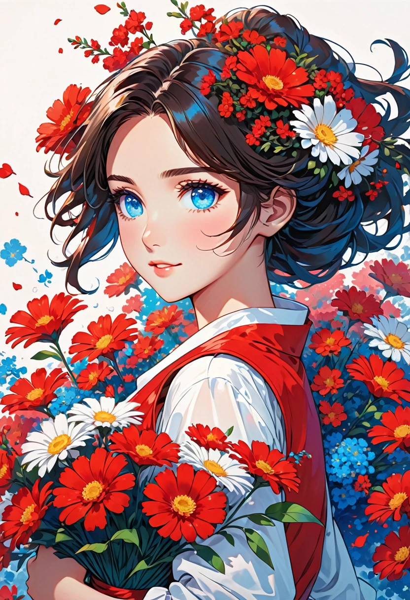 This is an illustration of an anime-style girl with dark hair and bright blue eyes. She is wearing a white shirt with a red vest and holds a bouquet of red and white flowers. She has red flowers in her hair, which flows down her back. The background is plain, making the character and her vibrant colors stand out more.
