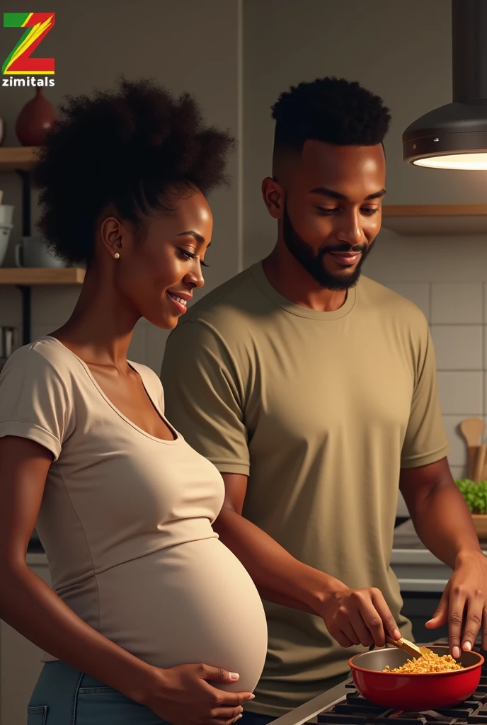 Create a realistic picture and put ZimVitals logo, with the Z having Zimbabwean flag colours green, yellow, red and black colour and of a black couple, the wife is pregnant and the husband is cooking in the kitchen. Make the couple's age around 30 years both.