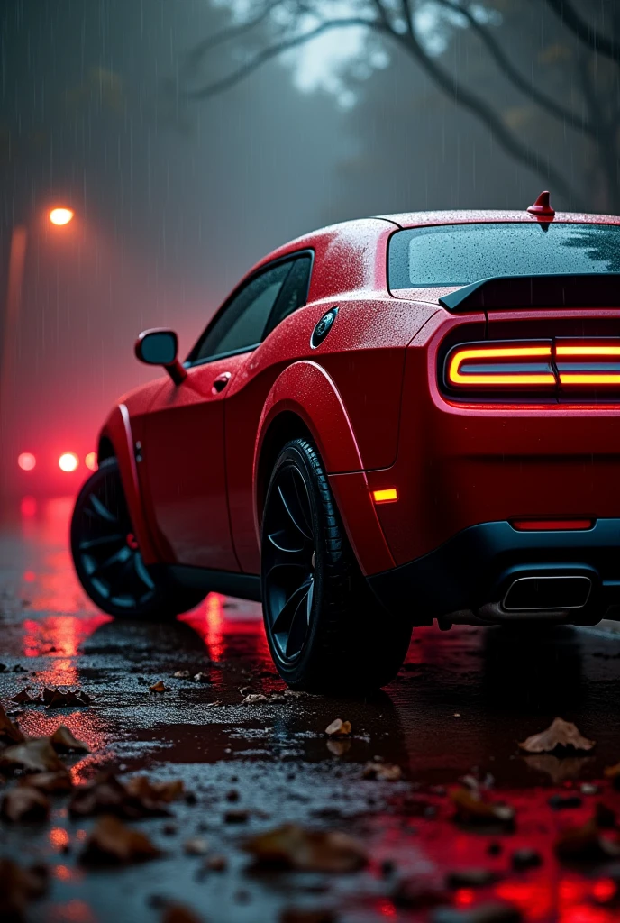 Dodge Challenger SRT hellcat red eye black colour with dark background red light with fume with photo ratio 9:16 and some rain drops with dead leaves on ground from some right side view