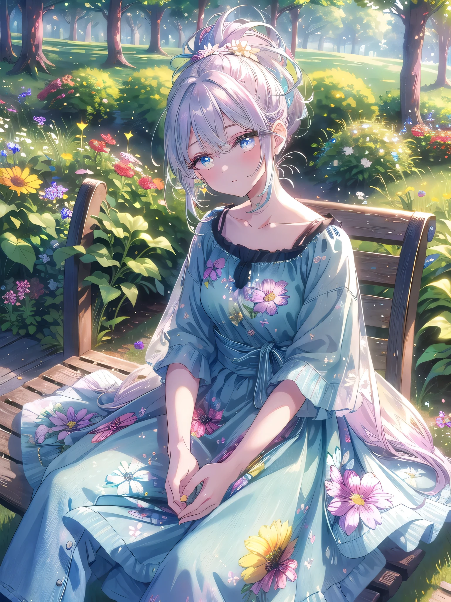 ((8k, Highest quality, masterpiece: 1.3)),Ultra-high resolution,(1 girl, alone), (Color changing eyes, Ultra-detailed, Expressive brilliance, Glitter, Glowing Eyes), Highly detailed eyes, Highly detailed face, Random Hair, ((pastel colour))Afternoon at the Park
The woman is sitting on a park bench, enjoying a peaceful afternoon. She’s dressed in a light, floral blouse and denim jeans, her hair tied back in a ponytail. She holds a small bouquet of wildflowers in her lap, her gaze soft and thoughtful as she looks at the camera. The park is vibrant with the colors of late summer, with tall trees casting dappled shadows on the grass, creating a serene and picturesque setting.