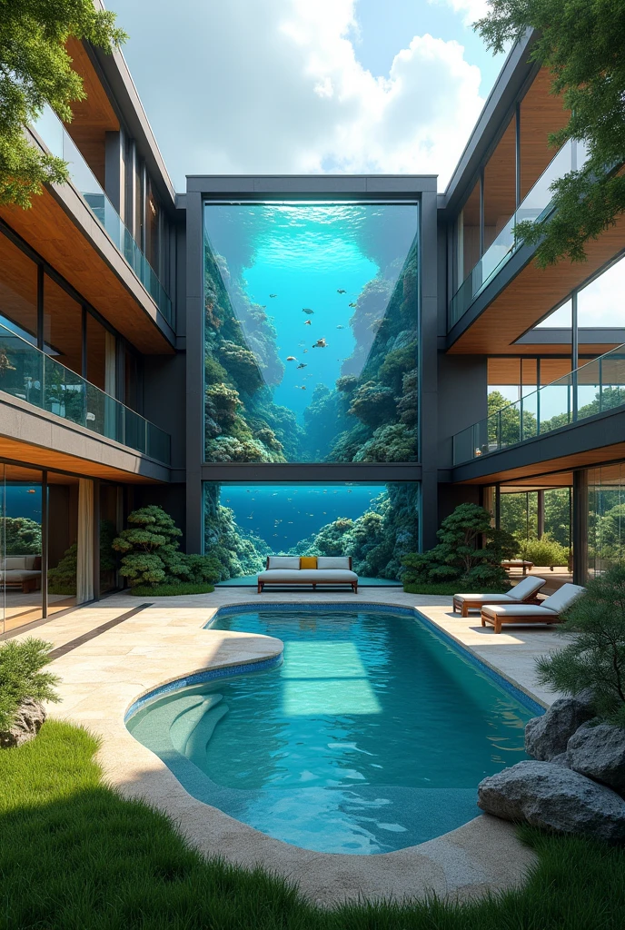 Make a house with a high central ceiling, with a large aquarium inside the house, with a lake outside the house, and with plenty of grass and a beach-shaped pool