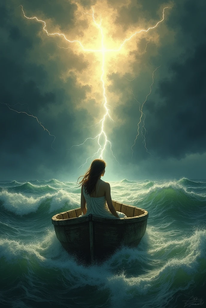 
woman on a boat in the sea at night with storm




