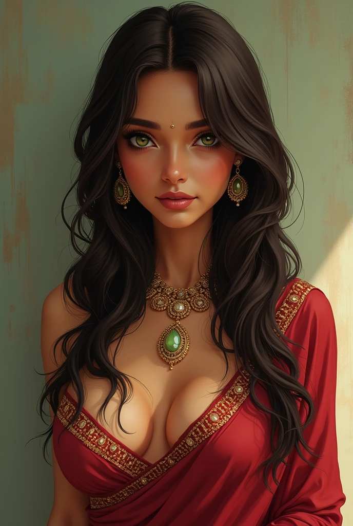 1 girl in, 20 year, standing alone, long hair, Indian, looking ahead at viewer, hair Brunette,  greeneyes, jewerly, whole body, a necklace, Saree, realisitic, A sexy, big boobies
