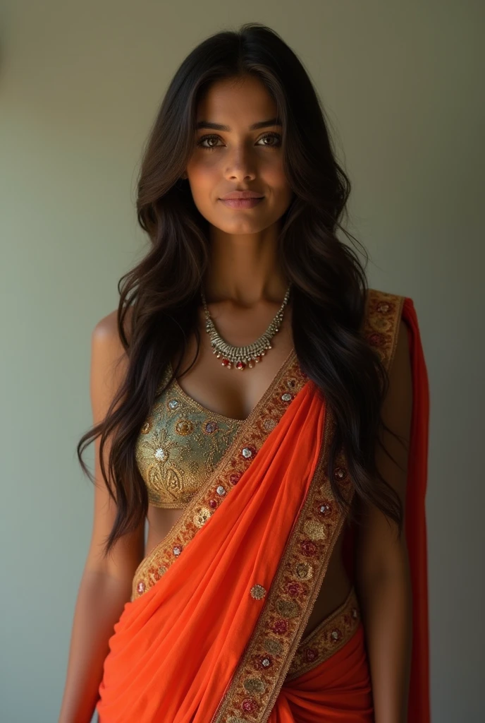 1 girl in, 20 year, standing alone, long hair, Indian, looking ahead at viewer, hair Brunette,  greeneyes, jewerly, whole body, a necklace, Saree, realisitic, A sexy, big boobies
