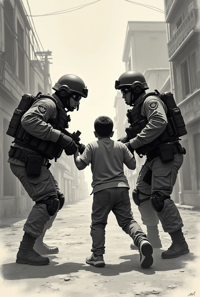 Create a drawing where 2 soldiers arrest a person