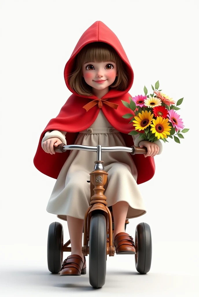(((realistic full figure portrait of a Little Red Riding Hood riding a tricycle))), , , photorealistic, full figure, frontal, camera parallel to character's eyes, white neutral background, smiling, serene, front view, she holds a flower bouquet in one hand