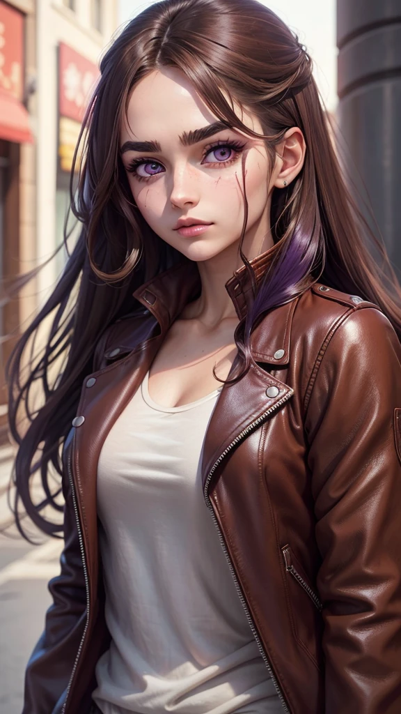 Uma mulher anime, 20 year, long brown hair, purples eyes, calm face, red makeup under the eyes, bushy eyebrows, scar on cheek, brown leather jacket, gray blouse