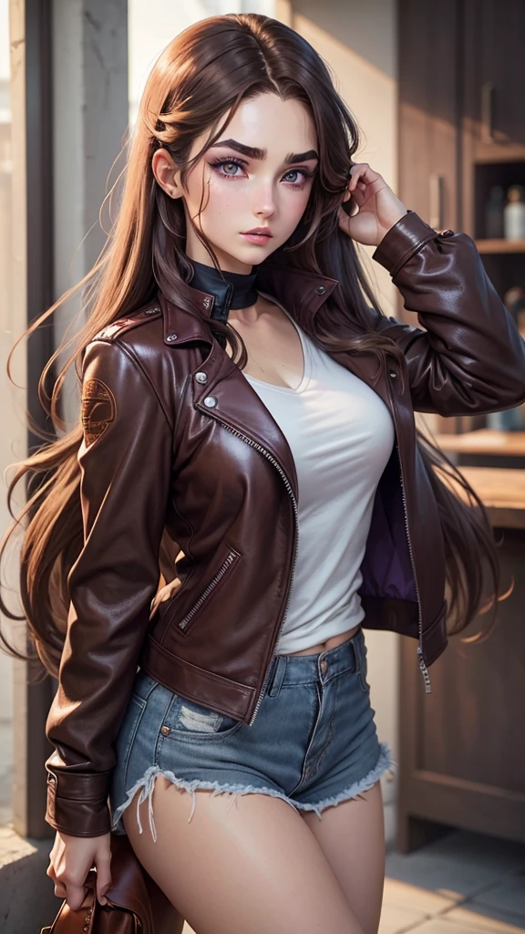 Uma mulher anime, 20 year, long brown hair, purples eyes, calm face, red makeup under the eyes, bushy eyebrows, scar on cheek, brown leather jacket, gray blouse