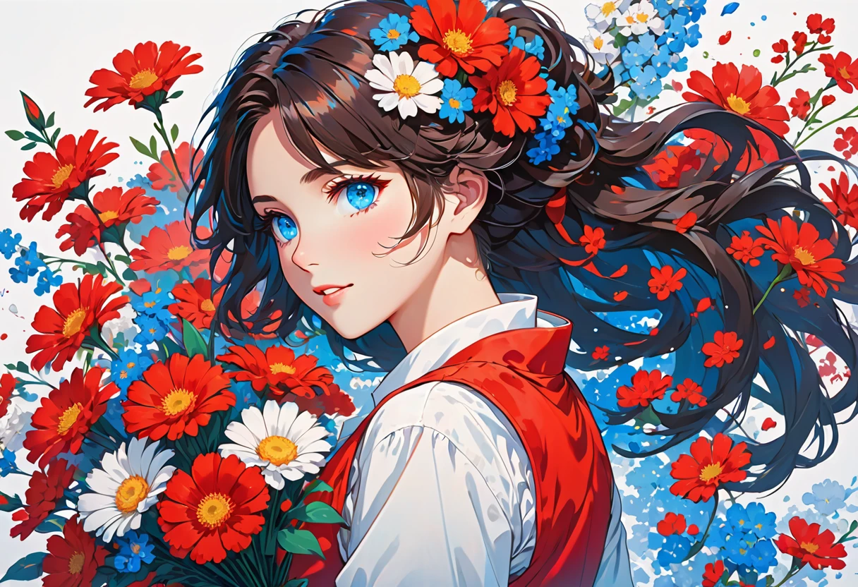 This is an illustration of an anime-style girl with dark hair and bright blue eyes. She is wearing a white shirt with a red vest and holds a bouquet of red and white flowers. She has red flowers in her hair, which flows down her back. The background is plain, making the character and her vibrant colors stand out more.