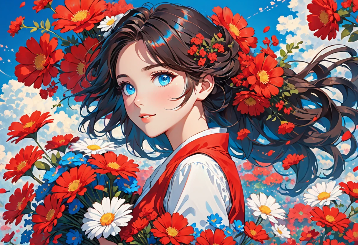 This is an illustration of an anime-style girl with dark hair and bright blue eyes. She is wearing a white shirt with a red vest and holds a bouquet of red and white flowers. She has red flowers in her hair, which flows down her back. The background is plain, making the character and her vibrant colors stand out more.