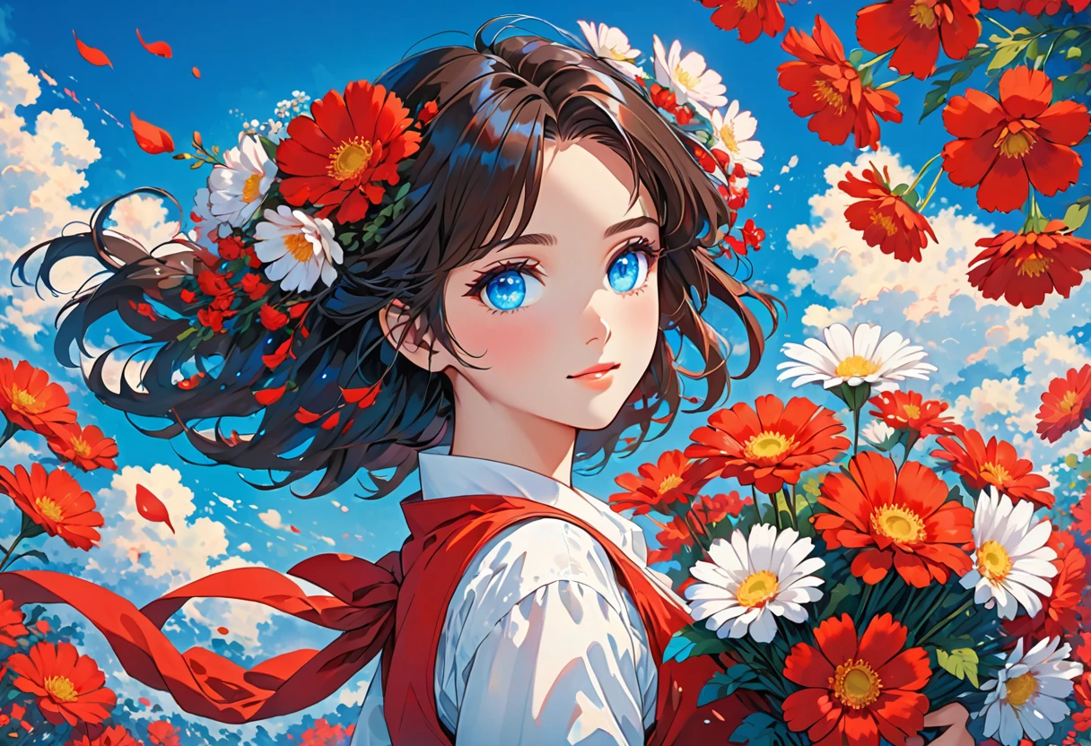 This is an illustration of an anime-style girl with dark hair and bright blue eyes. She is wearing a white shirt with a red vest and holds a bouquet of red and white flowers. She has red flowers in her hair, which flows down her back. The background is plain, making the character and her vibrant colors stand out more.