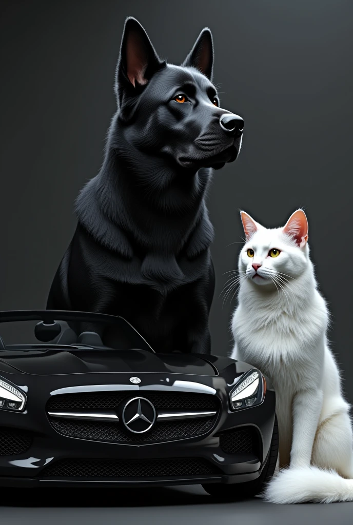 A black dog with black Mercedes and white cat