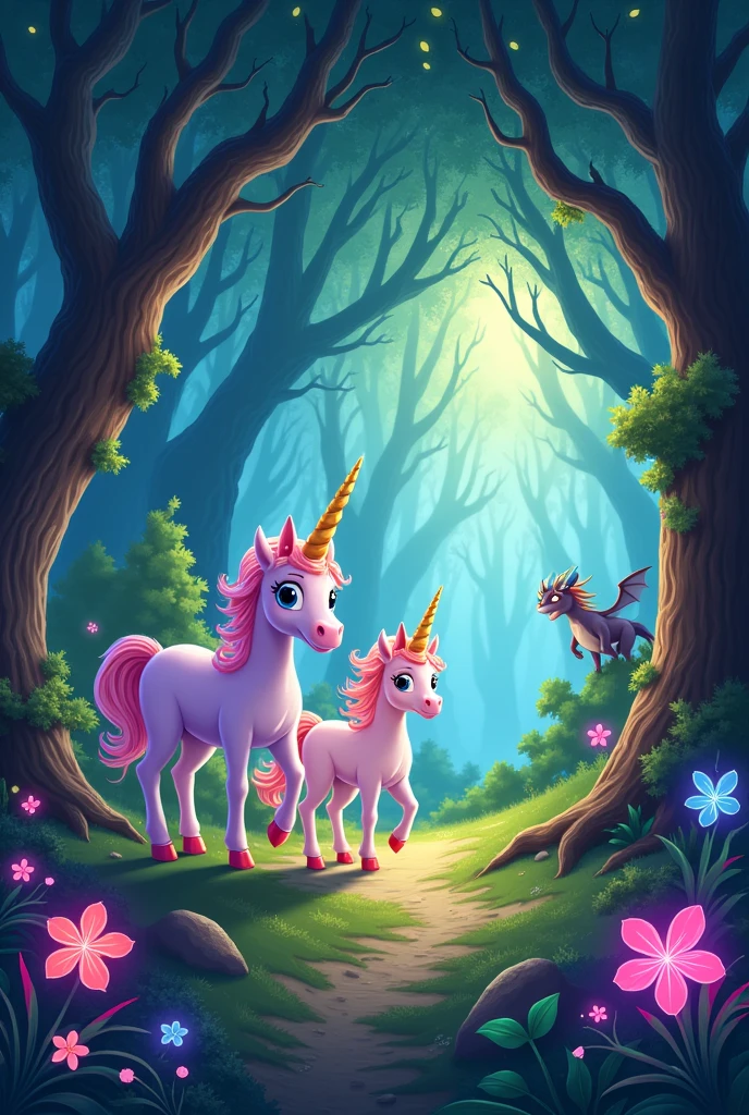 Create an image for story book title is The Adventure of Sparkle the Unicorn
Chapter 3: The Enchanted Forest
Sparkle and Twinkle followed the map through the meadows and across the rainbow bridge, until they reached the edge of the Enchanted Forest. The trees in the forest were tall and twisted, their branches forming a canopy overhead. The forest was filled with all sorts of magical creatures—talking animals, glowing plants, and even a friendly dragon named Blaze. Two unicorn and one dragon make