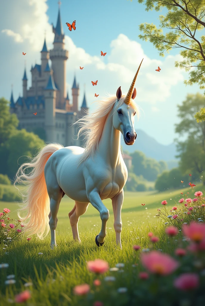 Shiny unicorn riding on grass with a castle in the background, with butterflies and flowers around