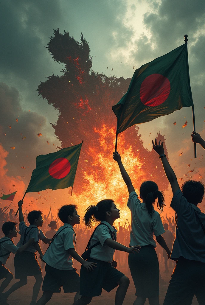 Illustrate a vivid battle scene with the map of Bangladesh as the background. On one side, a pack of threatening creatures, including a wolf, a hyena, a vampire, and other monsters, are advancing to destroy a specific target. On the opposite side, a group of courageous schoolchildren in uniforms are fighting back, holding the Bangladesh flag proudly. The atmosphere is one of full-scale war, capturing the intense clash between these dark forces and the young defenders, with the map of Bangladesh symbolizing the battleground
