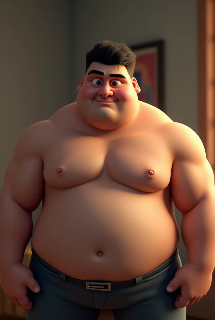 3d image realistic of young man, atractive, fat, with brown eyes and black hair, in the background a room