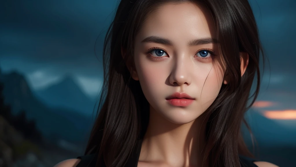 A 16k realistic portrait masterpiece, realistic soft detailed lines, highest resolution, every detail, meticulousness, depth of field, bright colors, beautiful composition: a girl Teenage girl with dark hair and highly detailed innocent eyes, standing against a dark and ominous landscape. sexy silk dress.