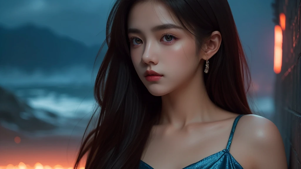 A 16k realistic portrait masterpiece, realistic soft detailed lines, highest resolution, every detail, meticulousness, depth of field, bright colors, beautiful composition: a girl age girl with dark hair and highly detailed innocent eyes, standing against a dark and ominous landscape. sexy silk dress.