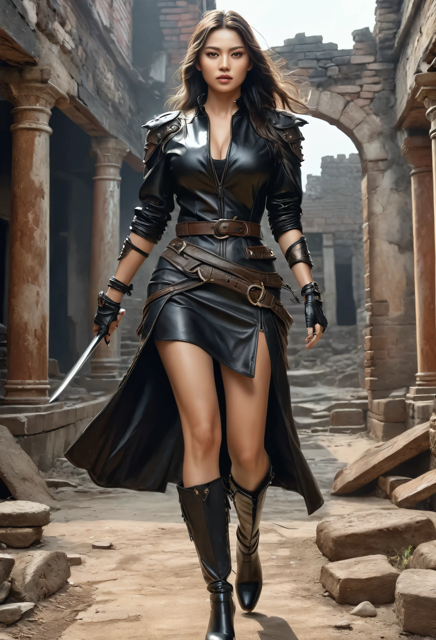 warrior woman full body realism richness of details realistic hands five fingers leather clothing ruins behind