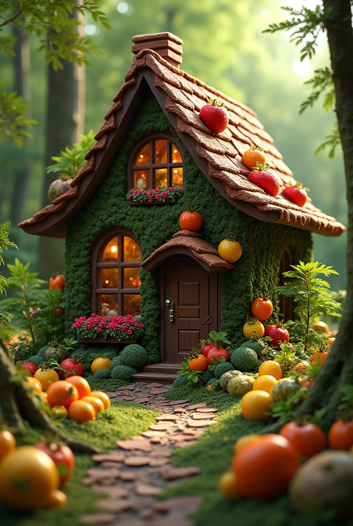 absurderes, high resolution, ultra detaild, HDR, Masterpiece artwork, best qualityer, ultra realisitic, (realistic house), house made of chocolate, fruit details, withouth People, in a green forest, solar lighting,