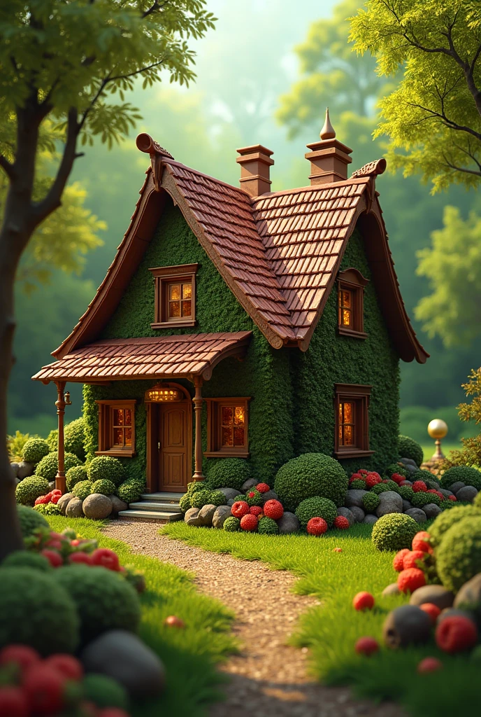 absurderes, high resolution, ultra detaild, HDR, Masterpiece artwork, best qualityer, ultra realisitic, (realistic house), house made of chocolate, fruit details, withouth People, in a green forest, solar lighting,