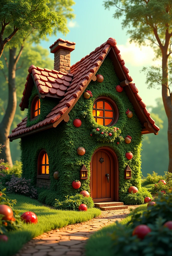 absurderes, high resolution, ultra detaild, HDR, Masterpiece artwork, best qualityer, ultra realisitic, (realistic house), house made of chocolate, fruit details, withouth People, in a green forest, solar lighting,