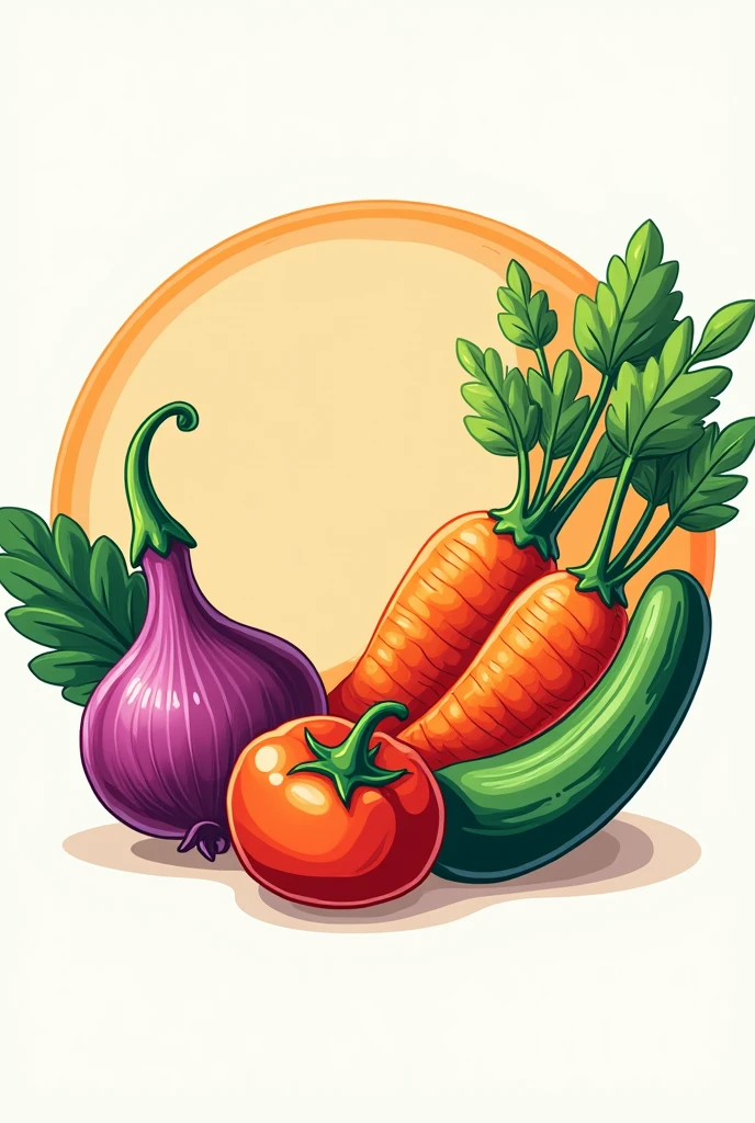 I want an image of the following. I just want a simple illustration like a brand or logo of the following. A space margin in the circle part for a name. A circular design with illustrations with super vivid colors of a Chile onion.,carrot and cucumber.