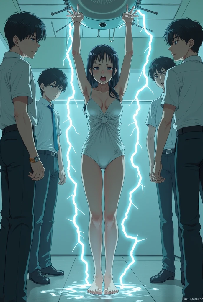 Surrounded by four guard men,Bright room,Apparently a device attached to the ceiling sends out electricity after a certain amount of time.、A completely naked Japanese girl with her legs spread wide ,,Climax,Scream,incontinence,Urinating,Urinatingが脚を伝う,Leaking to the floor,slave is subjected to electrical torture directly on her raised clitoris at regular intervals.。Japan young,Small Ass,Small breast swelling,Erect nipples,Lightning in the Head,Struck by lightning,Electric current runs through my body.,Agony,incontinence,Fearful expression,Hands restrained overhead,As a girl,Surrounded and watched by four male guards,幼い可愛いAs a girl,She is 120cm tall and has wide legs.