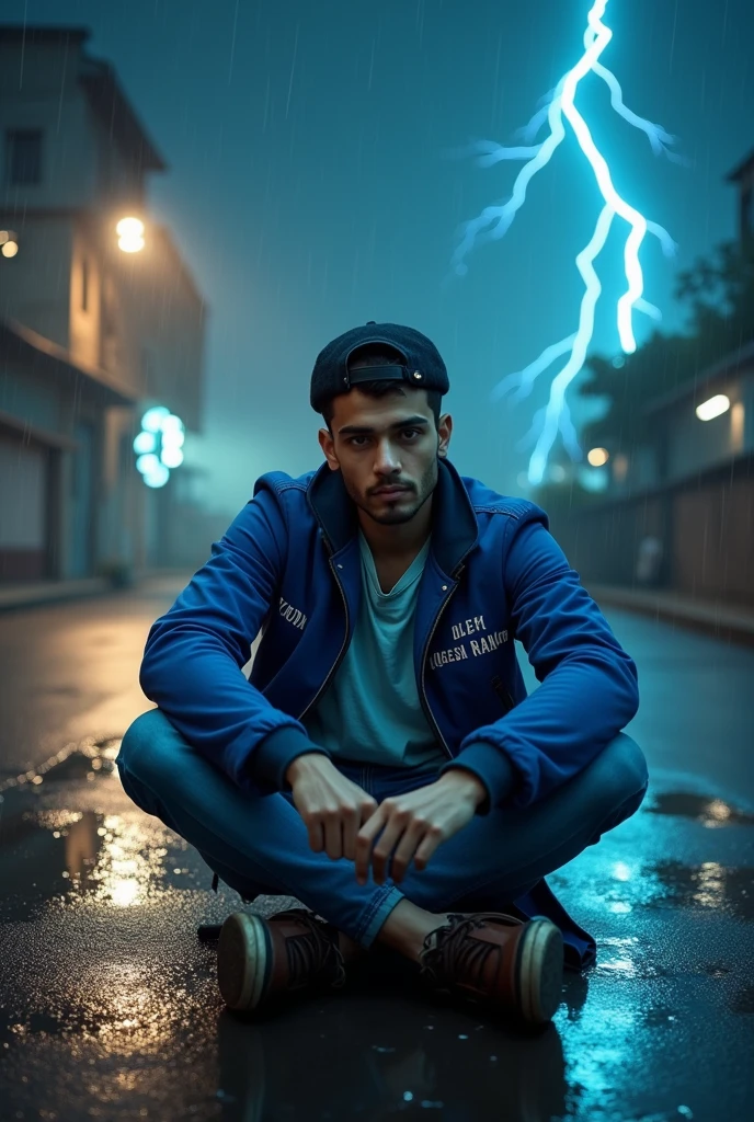 18 years younger man sitting on a deserted street during a storm: The street must be wet from the rain, with lightning in the background, and young must be dressed in casual clothes, looking thoughtful and intrigued.the young man wearing blue jaket, and jeans pent, YOGESH RATHOR name on the jaket, the boy wearing black cap, beautiful face, clear skin, looking face to face 