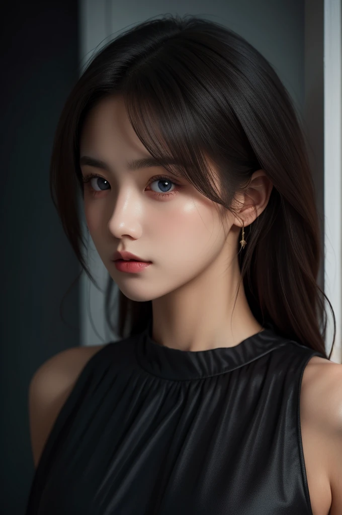 A 16k realistic portrait masterpiece, realistic soft detailed lines, highest resolution, every detail, meticulousness, depth of field, bright colors, beautiful composition: a girl age girl with dark hair and highly detailed innocent eyes, standing against a dark and ominous landscape. sexy silk dress.