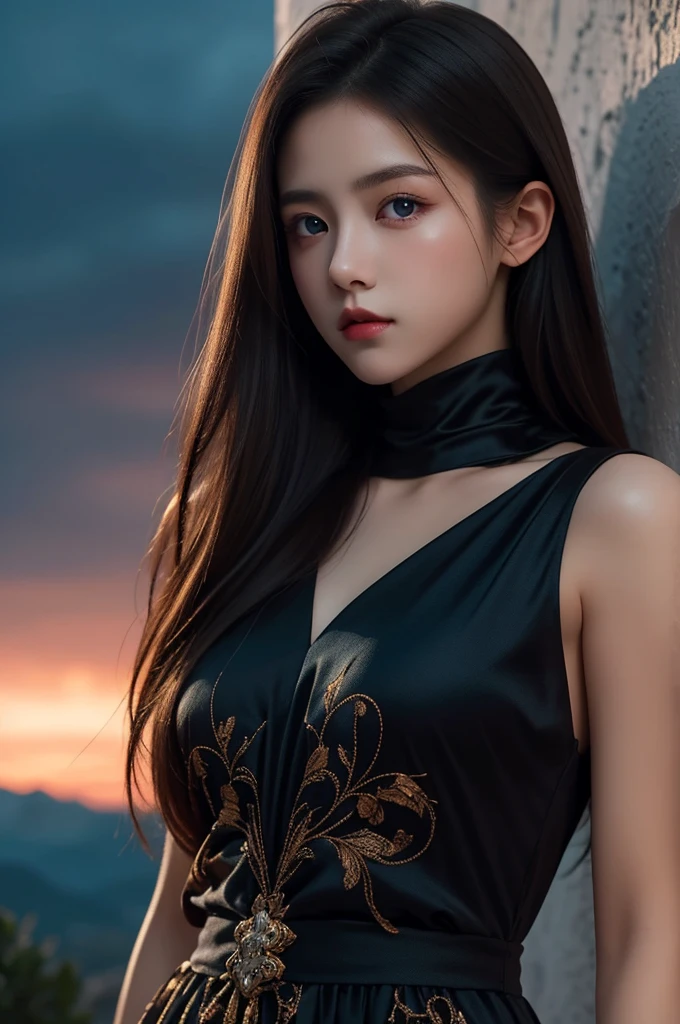 A 16k realistic portrait masterpiece, realistic soft detailed lines, highest resolution, every detail, meticulousness, depth of field, bright colors, beautiful composition: a girl Teenage girl with dark hair and highly detailed innocent eyes, standing against a dark and ominous landscape. sexy silk dress.