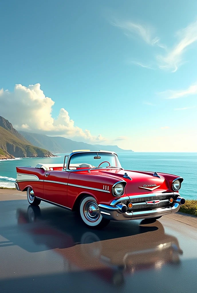Create me a picture of a Chevrolet bel air 1957 convertible in front of a sea