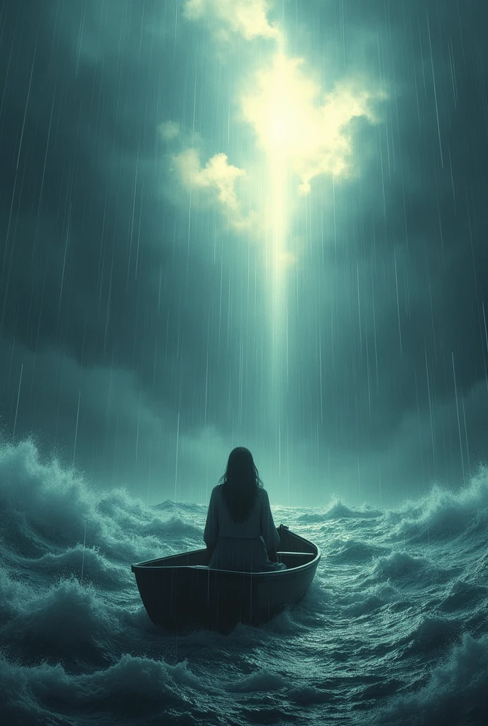 A woman alone in a storm, in a boat. From the back and the glory of God A hug 