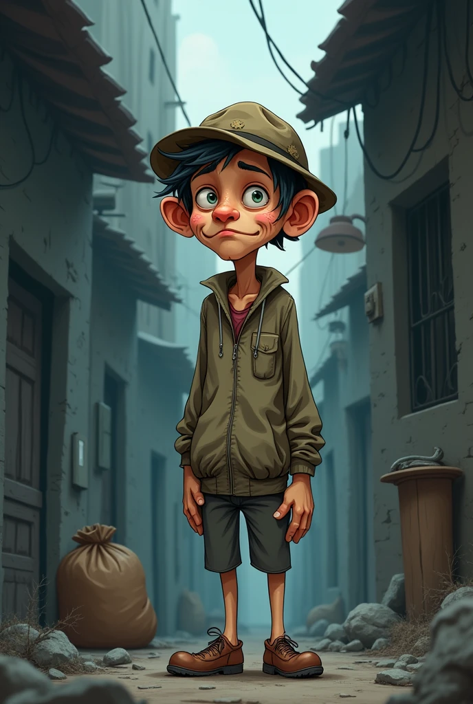 A cartoonist AI image of a poor man with a background