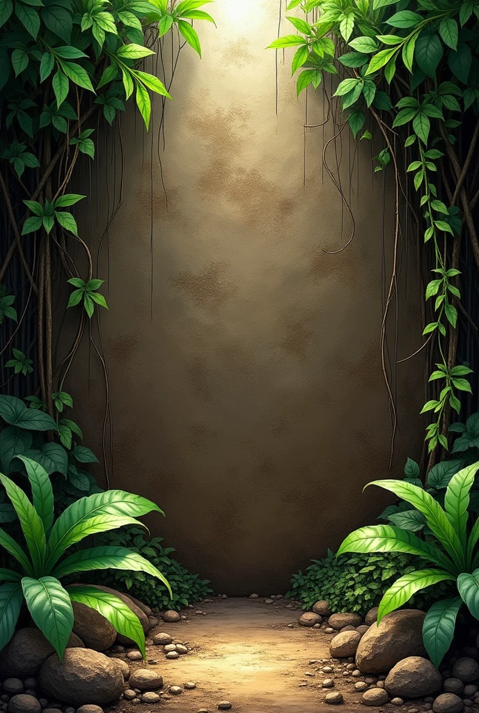 Here is the detailed description of the background, layout, and visual elements in English:
### **Detailed Background Description:**
1. **Main Background (Background Base):**
- **Dominant Color**:
- The primary color is dark brown, with a texture resembling rough stone or soil, giving an impression of a natural, somewhat eerie environment, similar to a cave or forest backdrop.
- **Texture**:
- There is a rough texture effect on the background, adding dimension and depth, making it look like the surface of the ground or the wall of a cave.
2. **Decorative Elements:**
- **Leaves and Plants**:
- Bright green leaves surround parts of the edges of the image, particularly in the bottom left and top right corners, giving the impression that the background is set in a natural or forest environment.
- These leaves have a light green color that contrasts with the brown background, creating a refreshing and eye-catching effect.
- **Vines**:
- There are also vines located on the right and left sides of the image, naturally flowing and giving the impression that this area is overgrown with vegetation.
- These vines are usually a darker green color, and they extend with gentle curves that create a sense of movement in the image.
- **Shadow and Light Effects**:
- Subtle shadowing is used in some parts of the image, especially around the main objects, to provide depth.
- In some areas, there are light blue accents that resemble light filtering through leaves, adding a dynamic and lively feel to the image.
3. **Objects in the Background:**
- **Rocks and Soil**:
- At the bottom of the image, there are elements of soil with a lighter and rougher brown color, almost like the ground surface depicted in the scene.
- Some rocks are also visible, blending with the soil texture, reinforcing the wild or forest theme.
- **Sky View**:
- At the top of the image, there is a slight gradient of light blue repr
