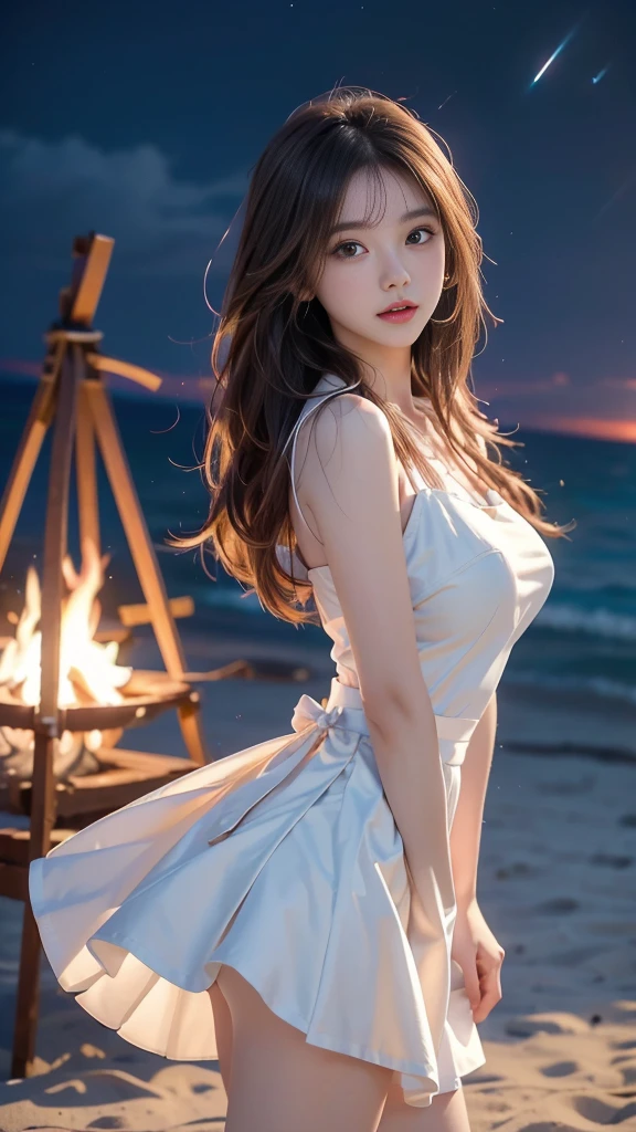 ulzzang-6500-v1.1, (RAW photo: 1.2), (Real photo), (Real photo: 1.4), 1 girl、Perfect anatomy、1、Looking at the camera、Medium length hair、white dress, white skirt, Dancing by the campfire on the beach at night, with stars, ((by the beach at night: 1.1))、(Business service)、Asian eyes Ella,