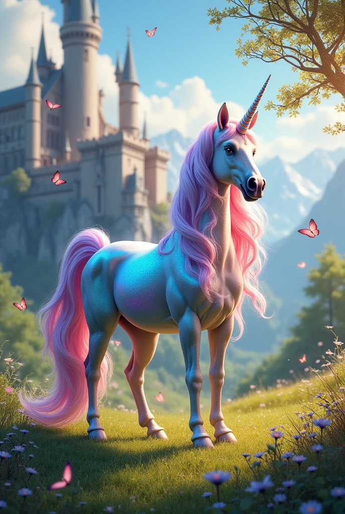 Shiny unicorn with colorful fur on grass with a castle in the background, with butterflies and flowers around