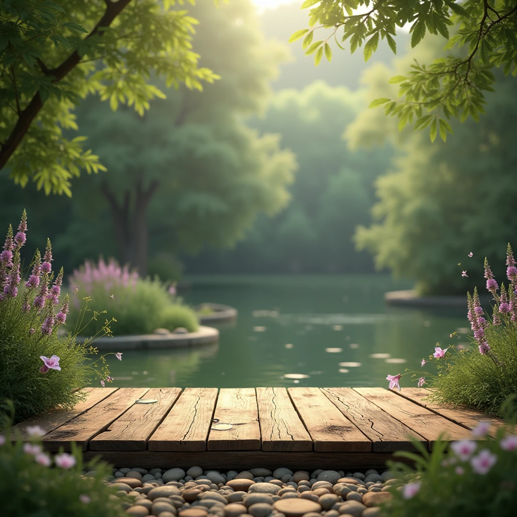 Wooden stage on a natural background and scattered cardamom in the air, lavender and iris