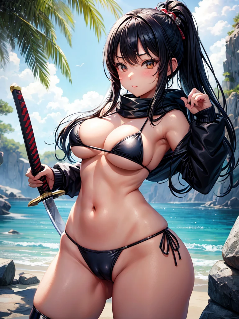 Beautiful Asian girl, 1, mini bikini assassin girls, sexy lady, big breasts, camel toe, little blade in hand, katana sword, หัวนม, นั่งชันเข่า, ยกขาหนึ่งข้าง,