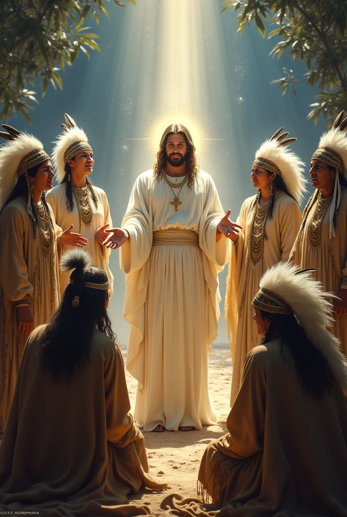 Make me the image of God Jesus who is gathered with a tribe of Apaches with white headdresses, healers