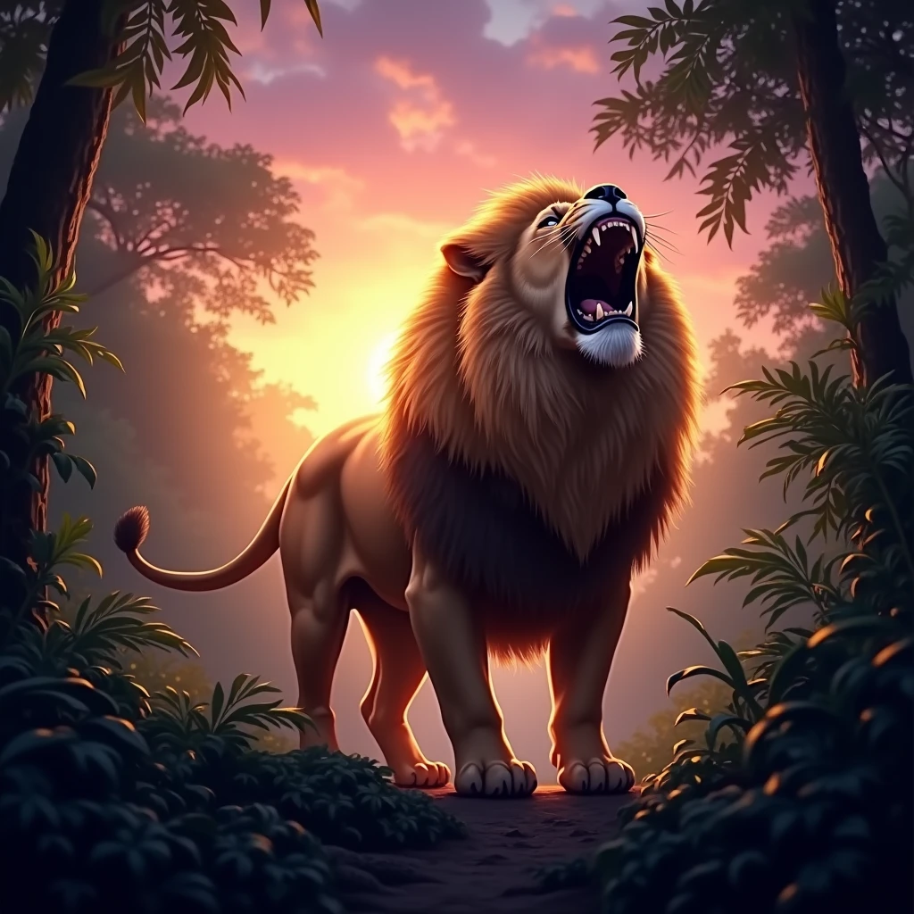 sun set low and sky turned pink, lion yawned wide in the jungle