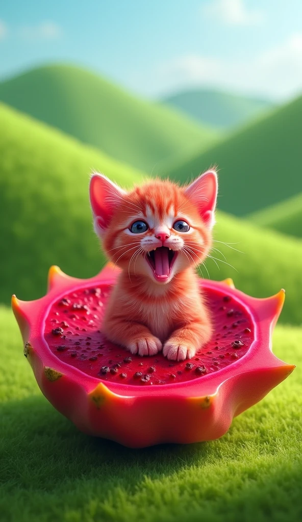 create realistic images A cute red kitten with large ears and an open mouth is sitting inside half of a large dragon fruit, looking as if it's yawning. The background features a bright green landscape with hills and a blue sky. The bright red flesh of the dragon fruit is visible around the kitten, adding a cheerful and colorful touch to the scene.