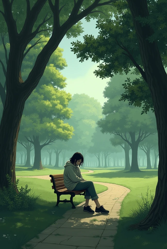 A lonely person in a park, with a sad look 