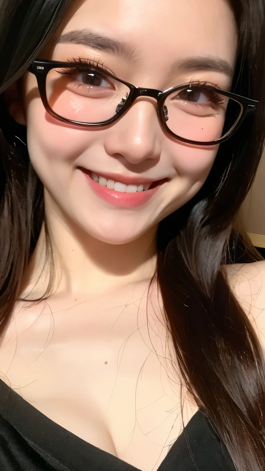 A 16k realistic portrait masterpiece, realistic soft detailed lines, highest resolution, every detail, meticulousness, depth of field, bright colors, beautiful composition: a girl age girl wearing glasses smiling happily, light makeup with black hair and beautiful innocent detailed eyes, standing on a dark and ominous scene. sexy silk dress.