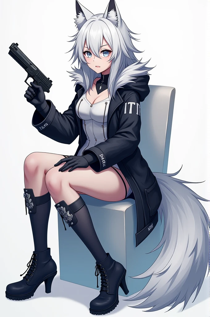 anime character with gun and wolf costume sitting on a chair, white fox anime, akiyuki shinbou, as an anime character, anime character, katekyo hitman reborn, official character art, full body!!, a humanoid mosquito wolf, kentaro miura style, vampire white fox, fullbody shot, koda kazuma, white fox, silver eyes full body