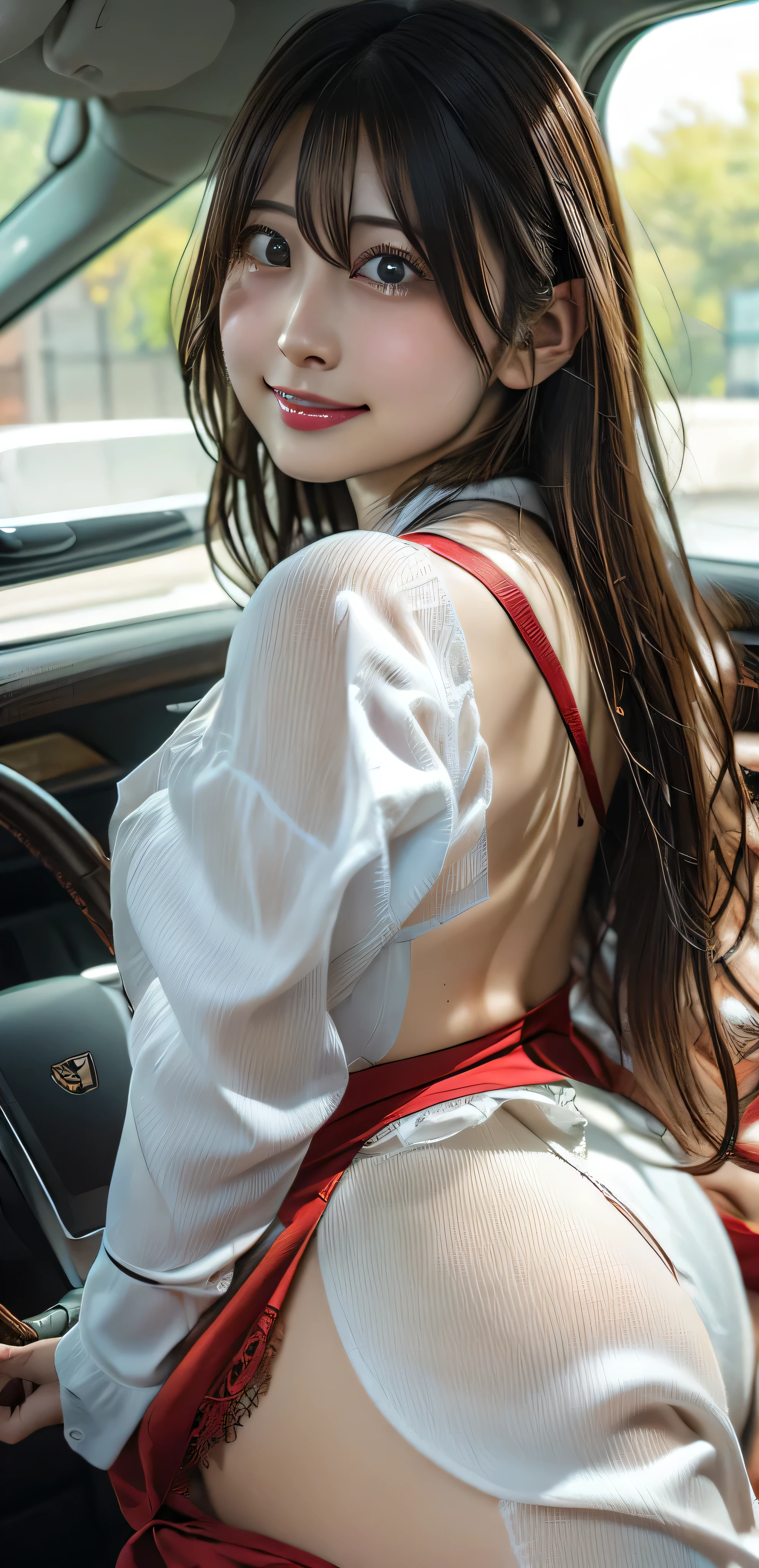 Sit in the passenger seat, look at me、smile、Wearing red lingerie、40-year-old Japanese woman、Perfect Makeup、I combed my hair back.、short hair、Bust up shot、